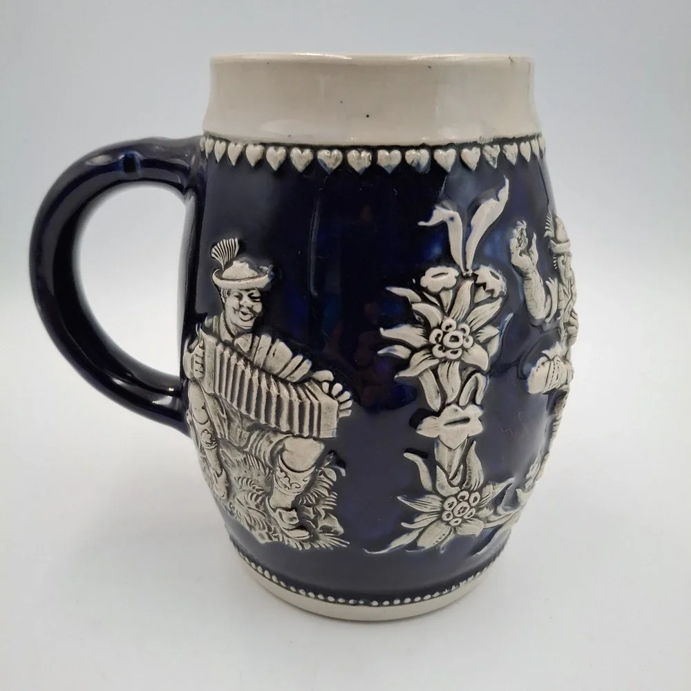 Vintage Western Germany Beer Stein Mug Blue Glaze 3613 Accordion Dancer Edelweis